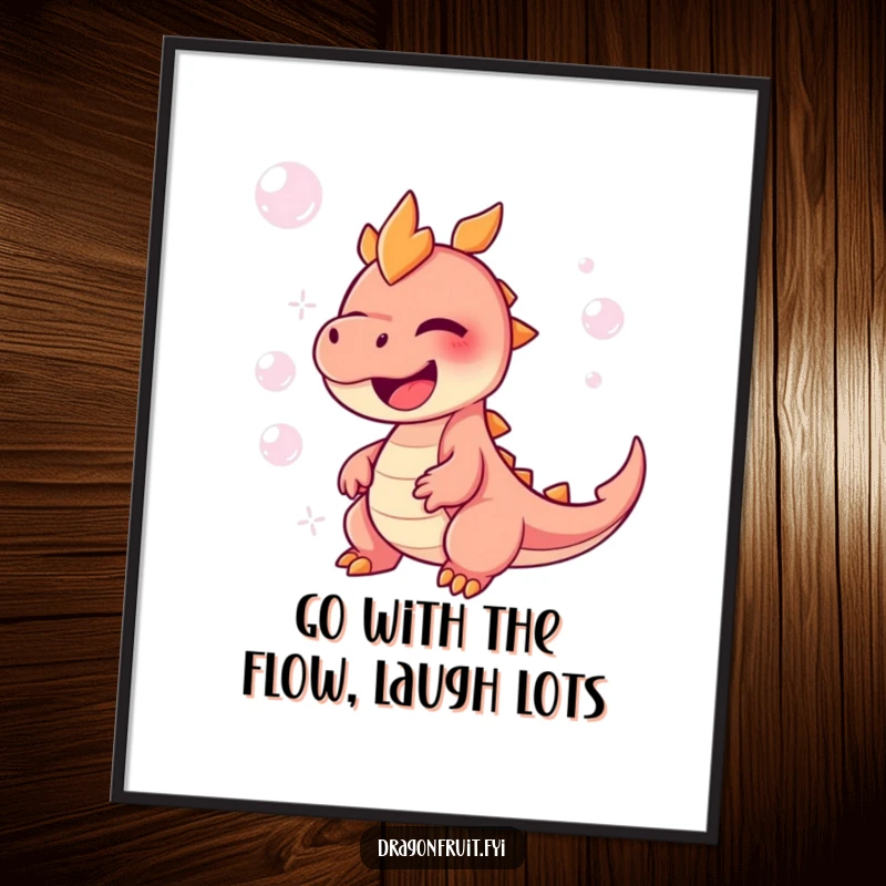 Free printable wall art: a comical dragonfruit character giggling uncontrollably, with cheerful bubbles floating all around.