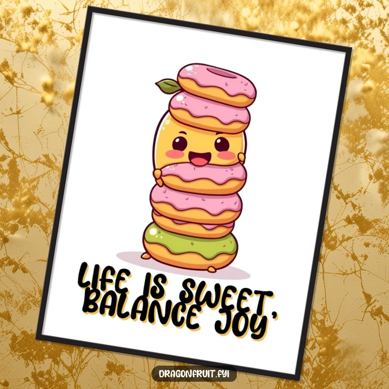 Funny free printable wall art of a mango character attempting to balance a tall stack of donuts, a humorous piece of decor.