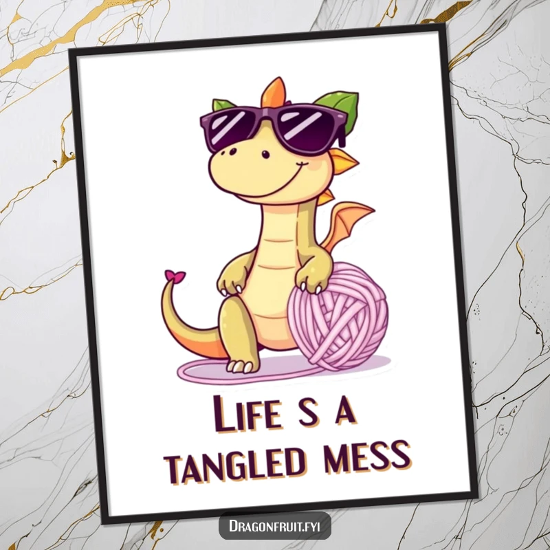 Funny Free Printable Wall Art: A mischievous dragonfruit in oversized sunglasses playfully trips over a giant yarn ball, adding chaotic charm.