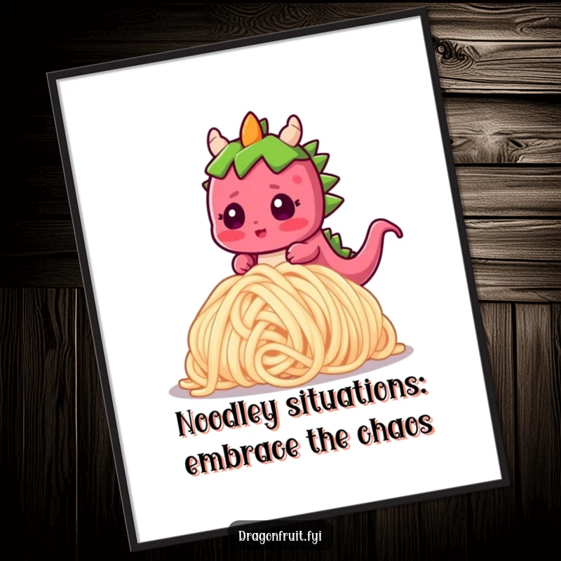 Funny Free Printable Wall Art: A blushing dragonfruit character tripping over a giant noodle with a comical surprised expression.