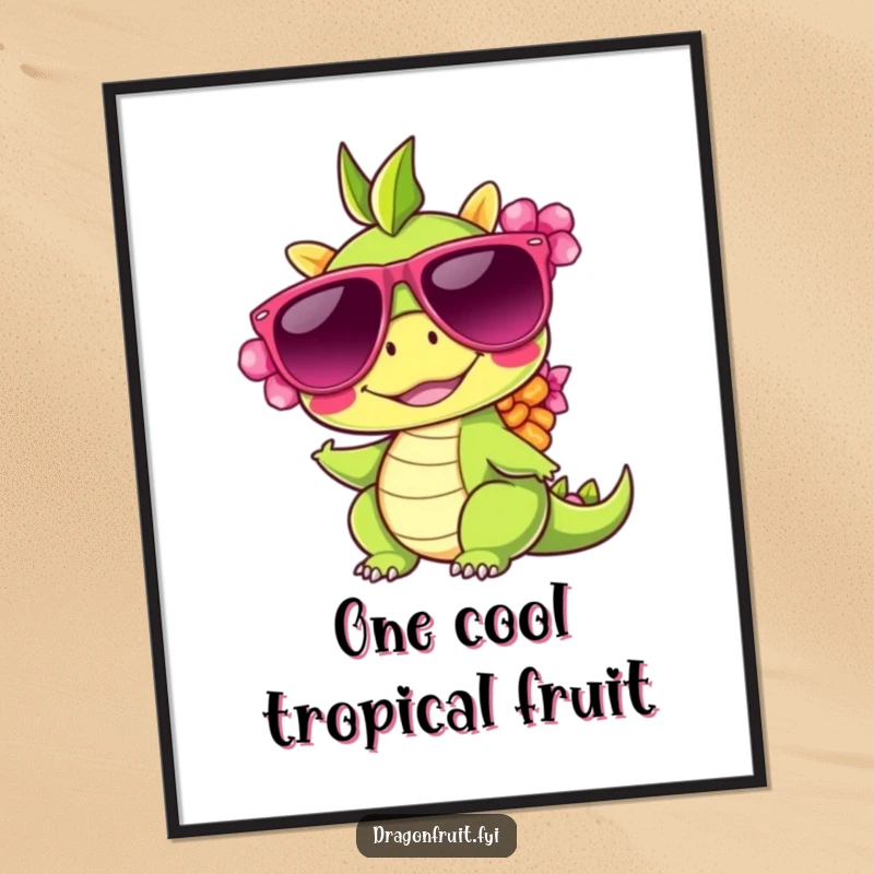 Funny Free Printable Wall Art: A smiling dragonfruit wearing oversized sunglasses and a lei, exuding tropical coolness.