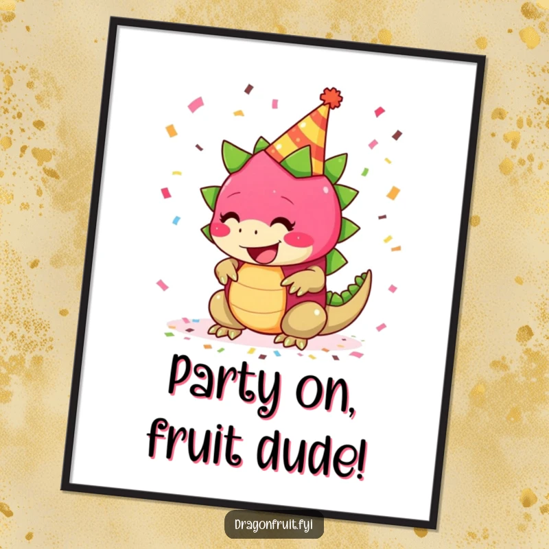 Funny Free Printable Wall Art: Giggling dragonfruit in a party hat with falling confetti, festive downloadable.