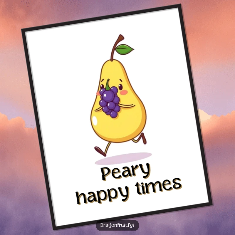 Funny free printable wall art showing a joyful pear character skipping with a tiny, melodious grape.