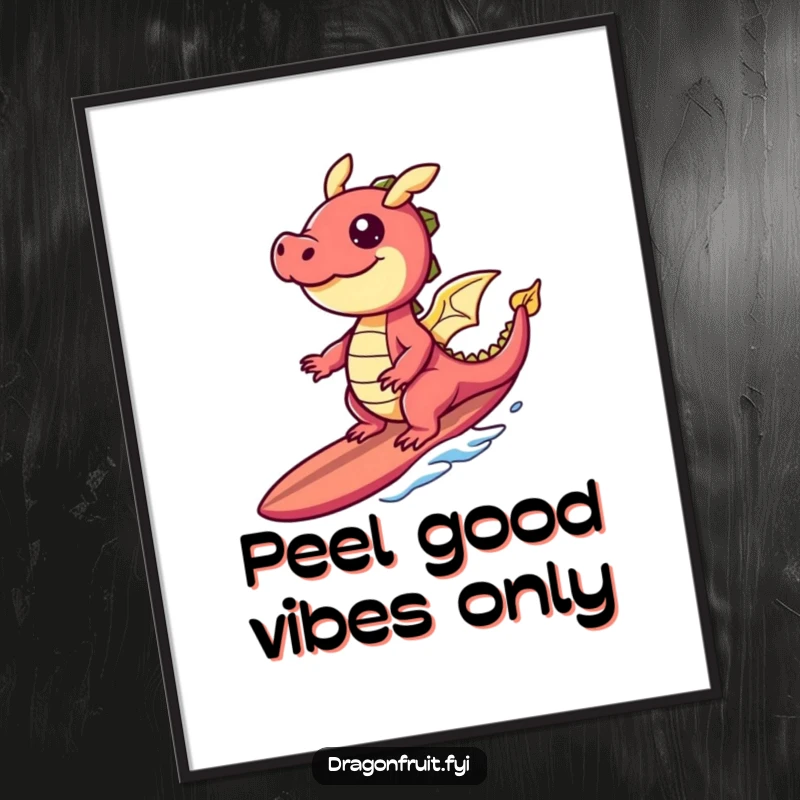 Funny Free Printable Wall Art of a giggling dragonfruit character surfing a banana slice surfboard, exuding tropical fun.