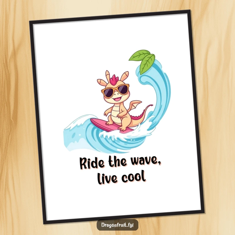 Funny free printable wall art of a cool dragonfruit character in sunglasses surfing a wave, perfect for adding a fun vibe.