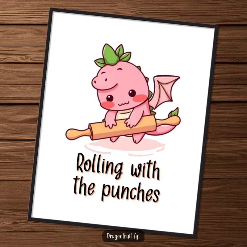 Funny Free Printable Wall Art showing a blushing dragonfruit character tripping awkwardly over a rolling pin, a kitchen mishap.