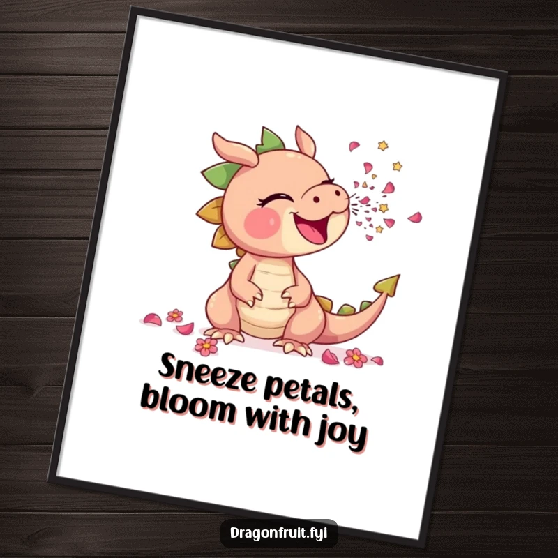 Funny Free Printable Wall Art: Dragonfruit comically sneezing a shower of tiny flower petals, whimsical floral art, downloadable.