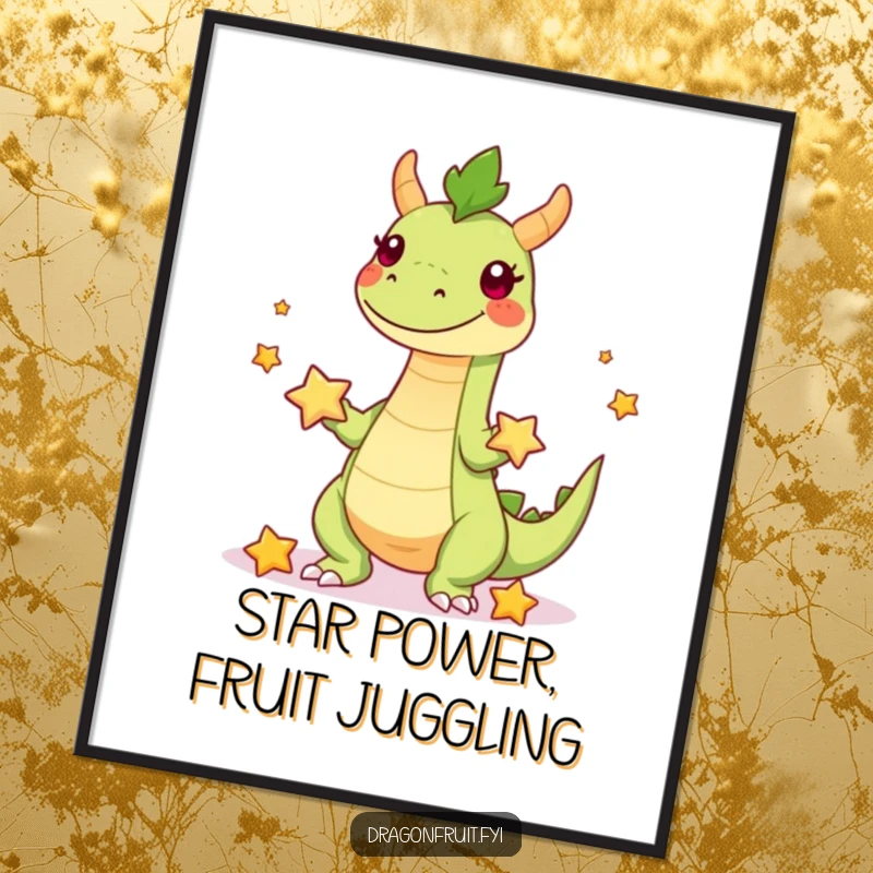 Humorous Free Printable Wall Art of a playful dragonfruit character with legs expertly juggling small, bright starfruit, full of energetic fun.