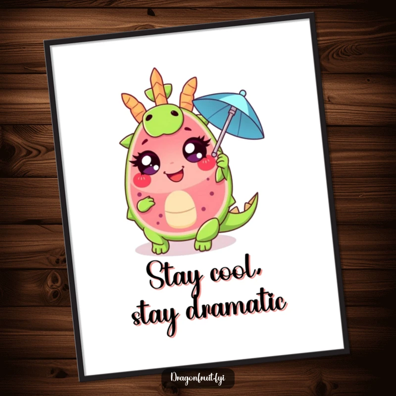Funny Free Printable Wall Art: A giggling dragonfruit with comically large eyes dramatically fans itself with a cocktail umbrella, exuding cool vibes.