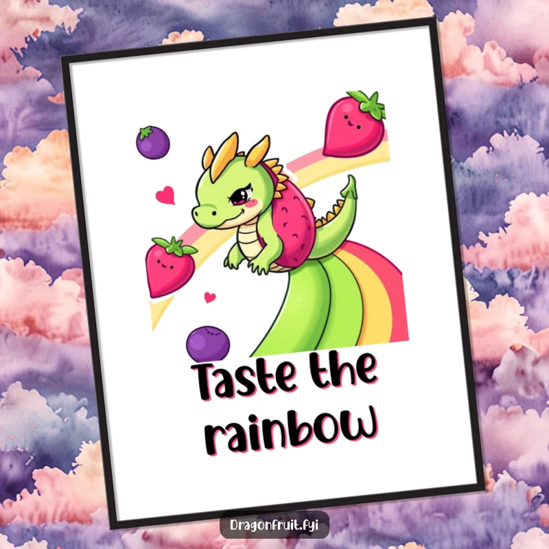 Funny Free Printable Wall Art: A mischievous dragonfruit gleefully sliding down a spectacular rainbow made entirely of colorful fruits.