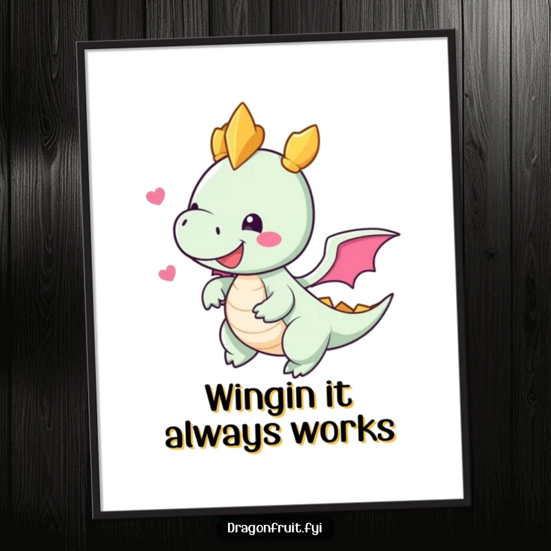 Humorous Free Printable Wall Art showing a delighted dragonfruit character with comically small wings, joyfully attempting to achieve flight.