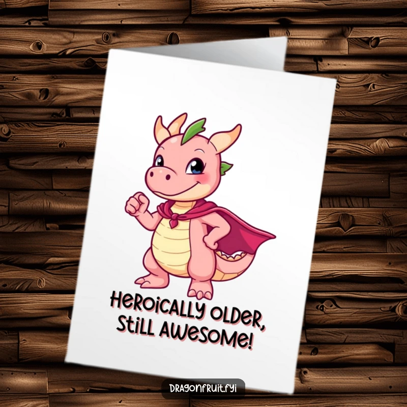 Funny free printable birthday card: a dragonfruit in a cape striking a heroic but hilariously awkward pose.