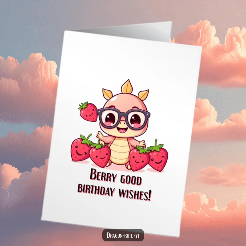 Funny Free Printable birthday card: tiny dragonfruit with glasses juggles strawberries, looking slightly overwhelmed but cheerful.