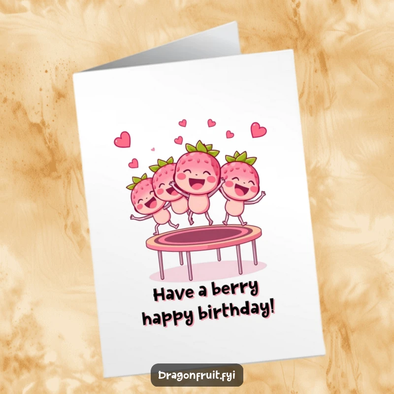 Funny Free Printable Birthday Card showing a bunch of raspberries gleefully bouncing on a trampoline.
