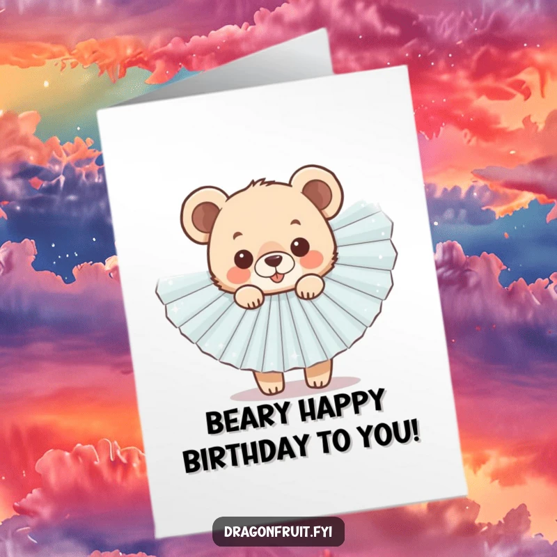 Funny Free Printable Birthday Card featuring a cheerful bear cub peeking from behind a large, sparkly fan, a delightful and humorous greeting.