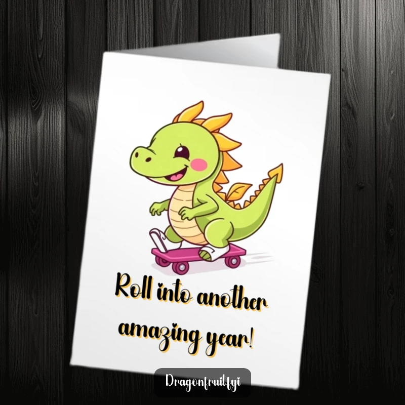 Funny Free Printable Birthday Card: Smiling dragonfruit on roller skates, zooming with joy, ready to party, downloadable gift.