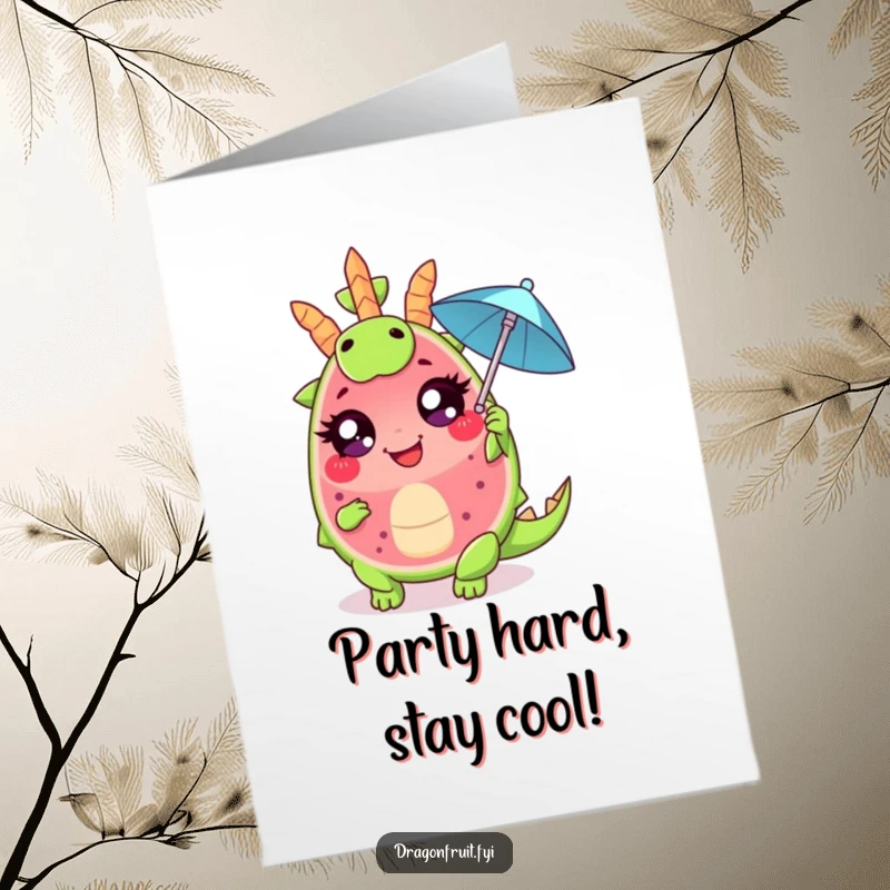 Funny Free Printable Birthday Card: A giggling dragonfruit with big eyes fans itself with a cocktail umbrella, celebrating a cool birthday.