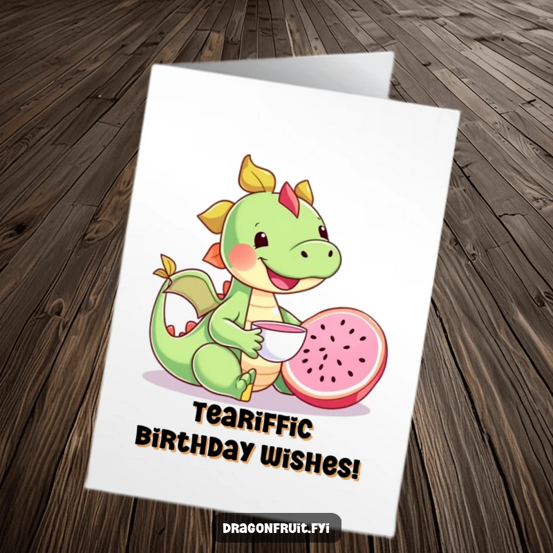 Funny Free Printable Birthday Card: Happy Dragonfruit Enjoying a Tiny Tea Party with a Teacup, Looking Delightful and Content.