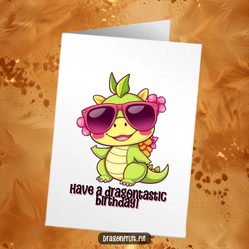 Funny Free Printable Birthday Card: A smiling dragonfruit wearing oversized sunglasses and a lei, ready for a tropical party.