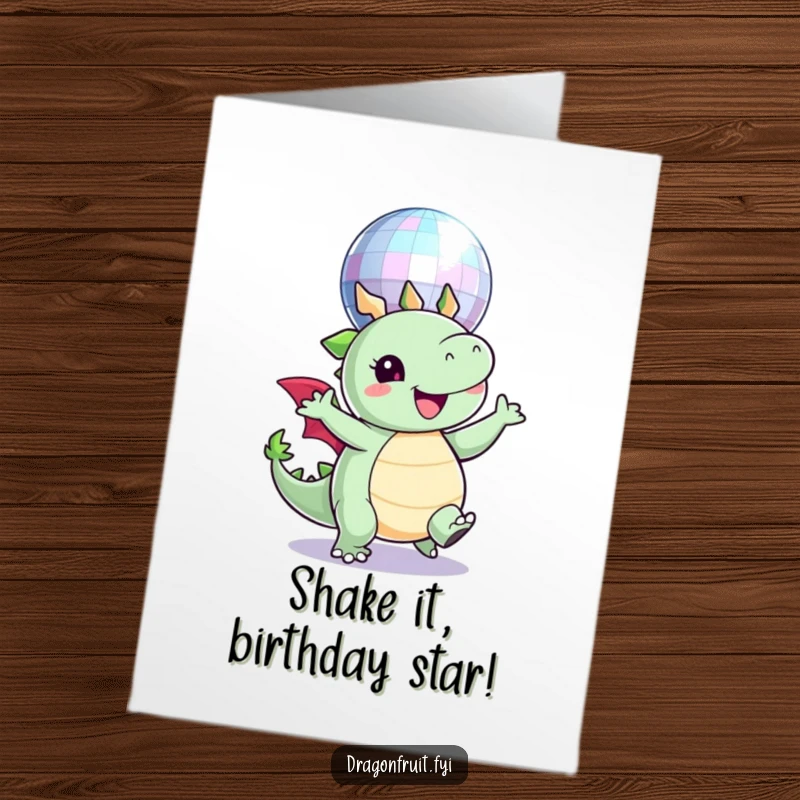 Funny Free Printable Birthday Card: A round dragonfruit character joyfully dancing under a sparkling disco ball, celebrating in style.
