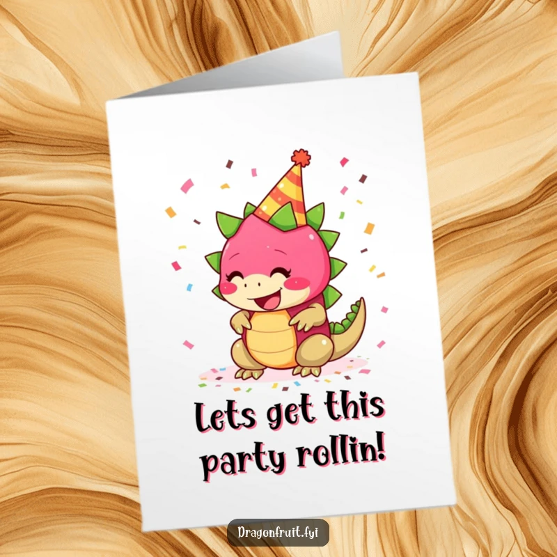 Funny Free Printable Birthday Card: Giggling dragonfruit in party hat with falling confetti, cheerful downloadable.