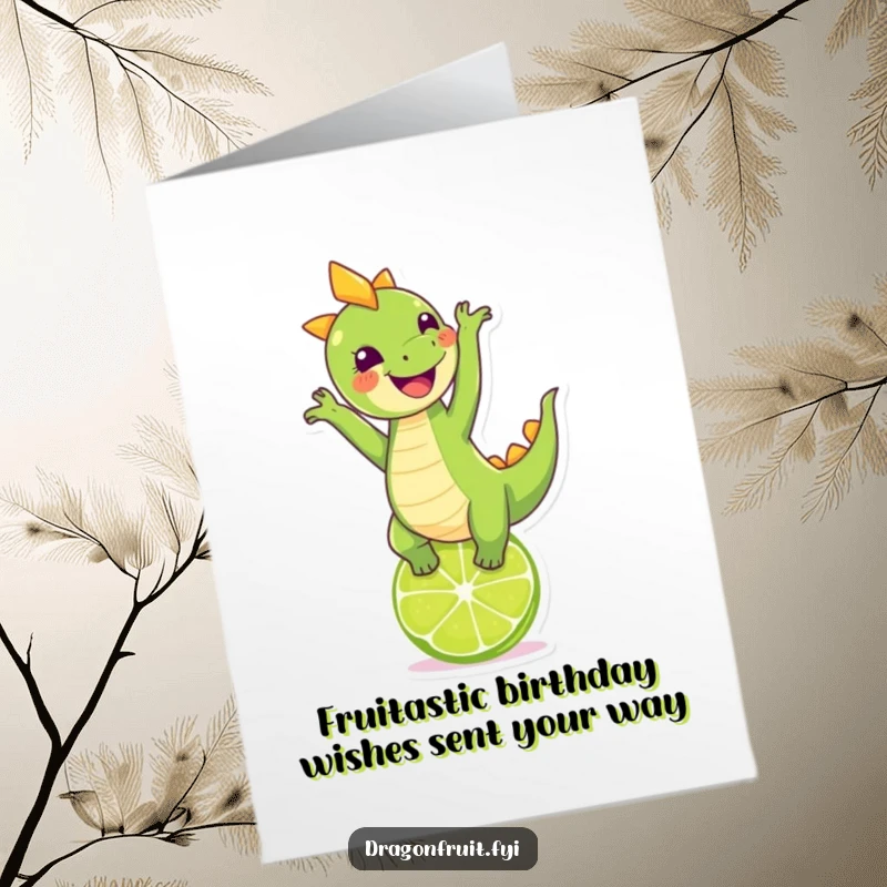 Funny Free Printable birthday card featuring a giggling dragonfruit character smiling while doing a handstand on a lime.