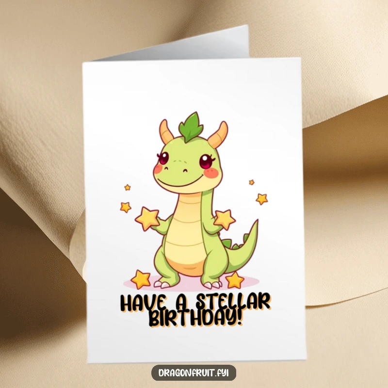 Funny Free Printable Birthday Card features a playful dragonfruit character with legs skillfully juggling bright, small starfruit, celebrating their day.