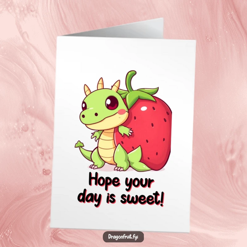 Funny Free Printable Birthday Card featuring a startled dragonfruit character peeking shyly from behind a giant, friendly strawberry.