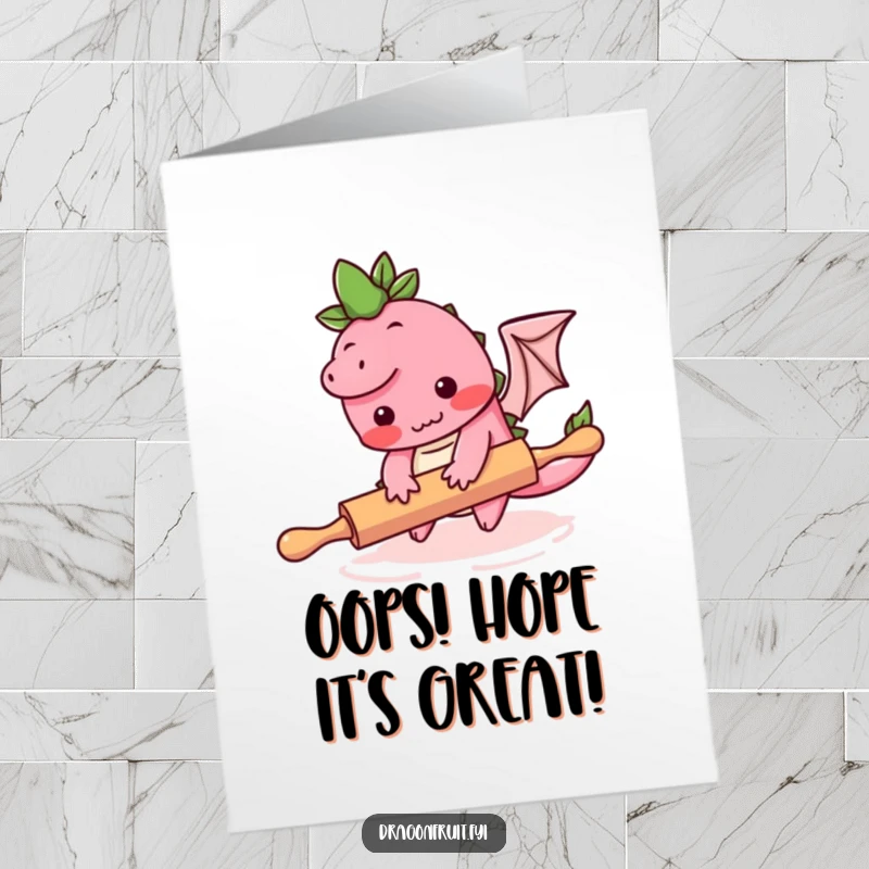 Funny Free Printable Birthday Card showing a blushing dragonfruit character comically tripping over a rolling pin, mid-fall.