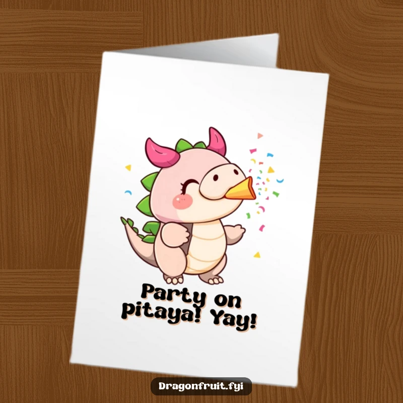Funny Free Printable Dragonfruit Birthday Card: Cheeks puffed, blowing confetti like a party horn, cheerful and festive.