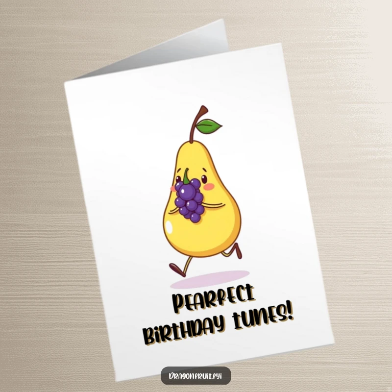 Funny free printable birthday card with a cheerful pear character skipping alongside a happily singing grape.