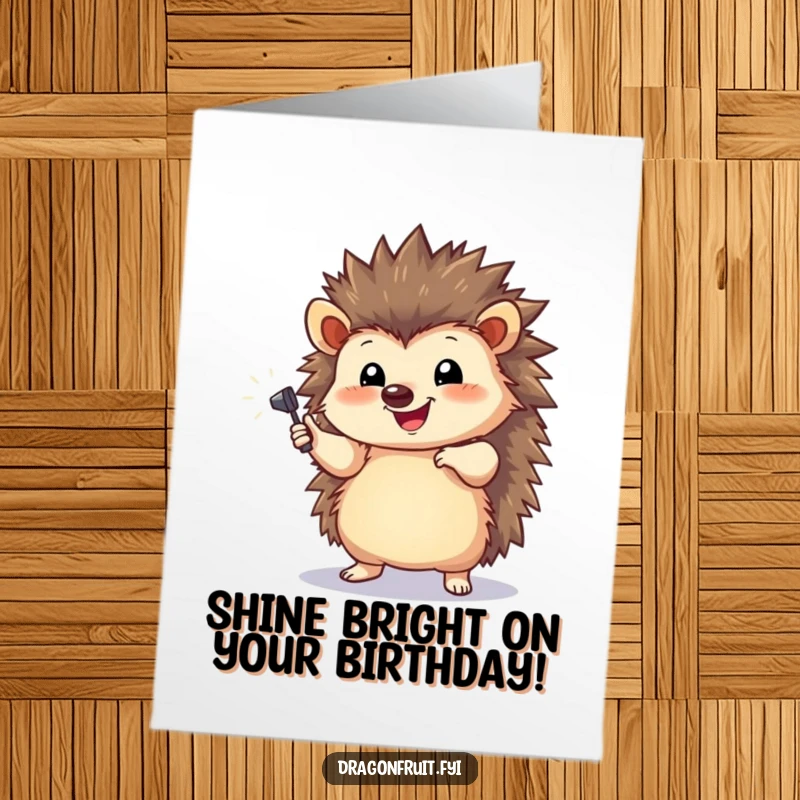 Funny Free Printable Birthday Card featuring a happy hedgehog striking a dramatic pose under a tiny spotlight, ready for their big moment.