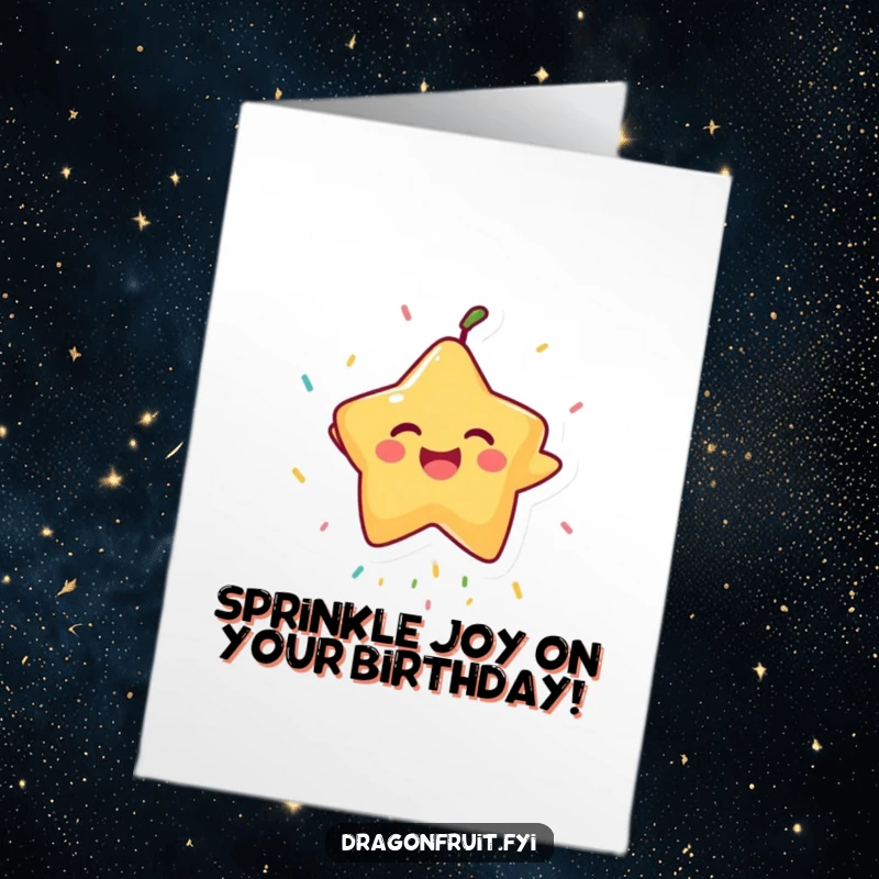 Funny Free Printable Birthday Card: A laughing Starfruit gleefully catching falling sprinkles, celebrating with pure joy. A downloadable gift.