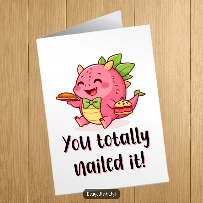 Funny Free Printable Birthday Card featuring a happy dragonfruit in a bowtie tripping while holding a whole pie.