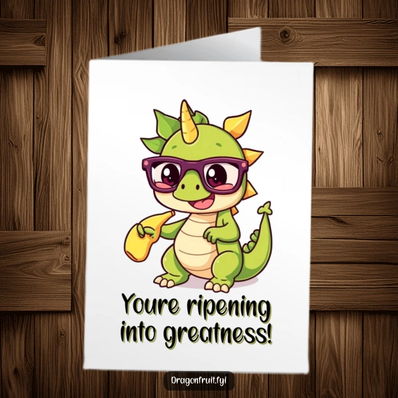 Funny Free Printable Birthday Card: Dragonfruit in glasses points dramatically at a banana split, hilarious downloadable greeting.