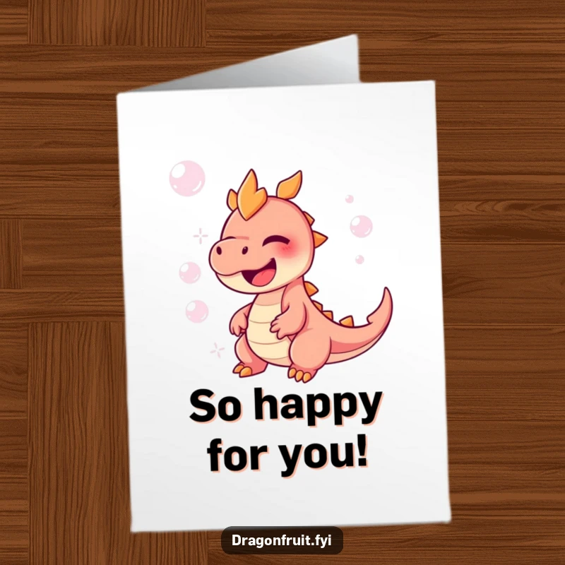 Free printable congratulations card: a dragonfruit character overcome with uncontrollable giggles amidst floating, iridescent bubbles.