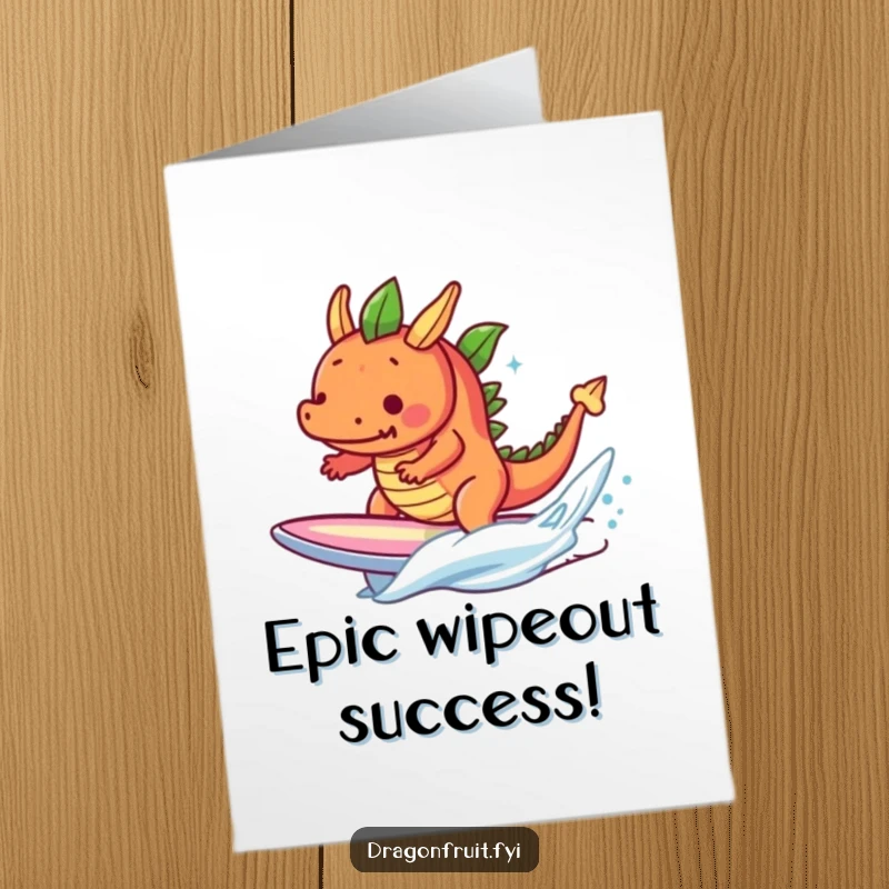 Funny Free Printable Congrats Card: Determined Dragonfruit Surfer Dude Celebrating a Tiny Wave Ride Triumphantly on a Surfboard.