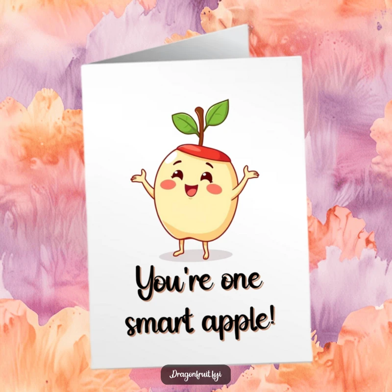 Funny free printable congratulations card showing a happy apple with a stem hat doing a funny, silly dance.
