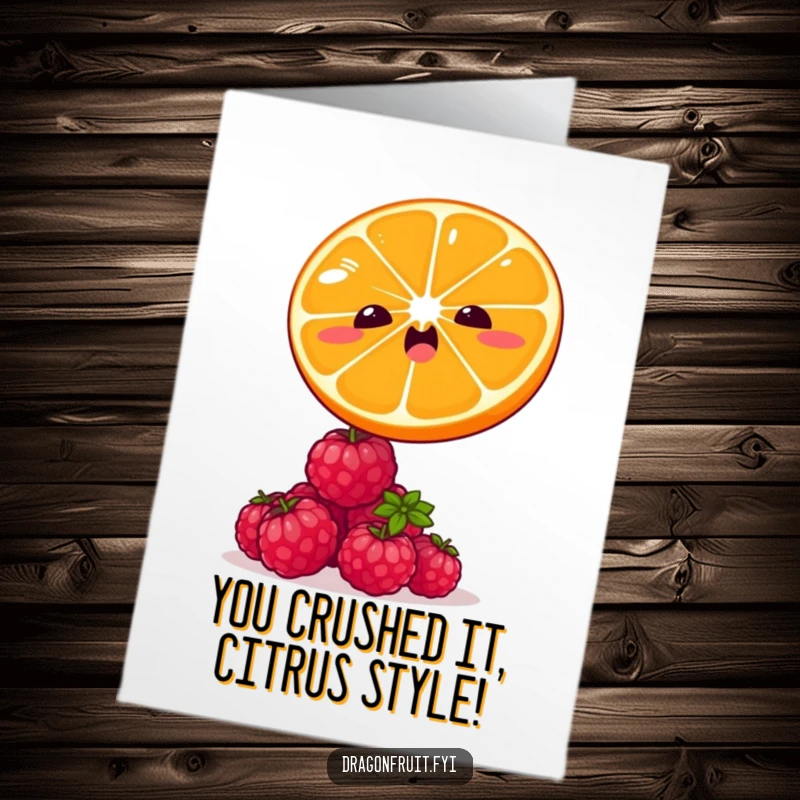 Funny free printable congratulations card of a winking orange slice mid-leap over a pile of giggling raspberries.