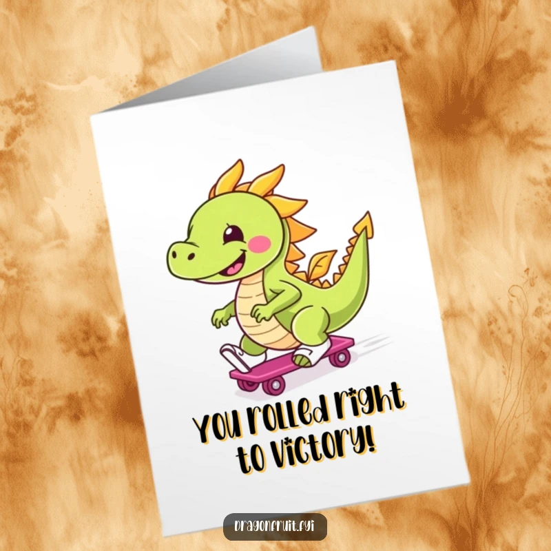 Funny Free Printable Congratulations Card: Dragonfruit wearing roller skates, celebrating a win, fast and fun, downloadable art.