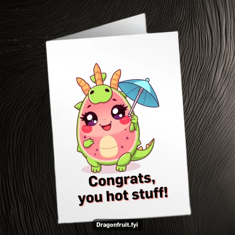 Funny Free Printable Congrats Card: A giggling dragonfruit with big eyes dramatically fans itself, celebrating your cool win.