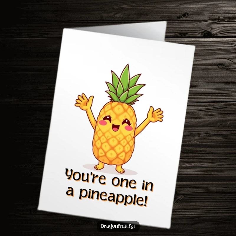 Funny Free Printable Congrats Card: Cheerful pineapple character doing a silly dance with raised arms, celebrating success with fruity flair.