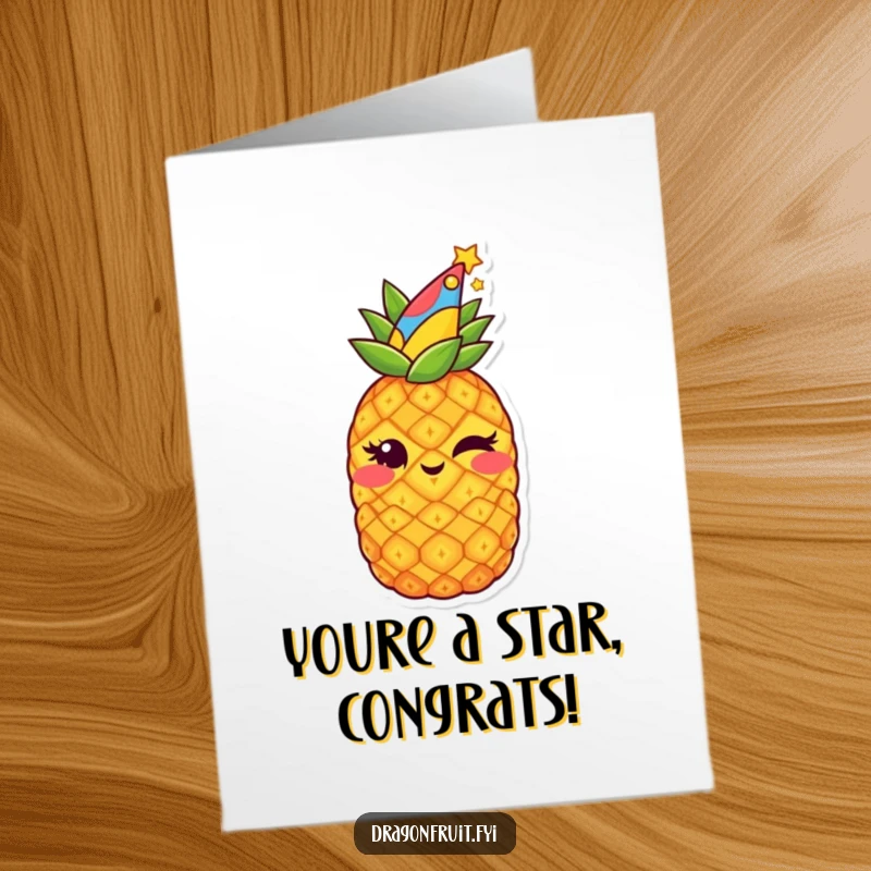 Funny Free Printable Congratulations Card: Starry Pineapple Winking with a Mischievous Grin Under a Party Hat