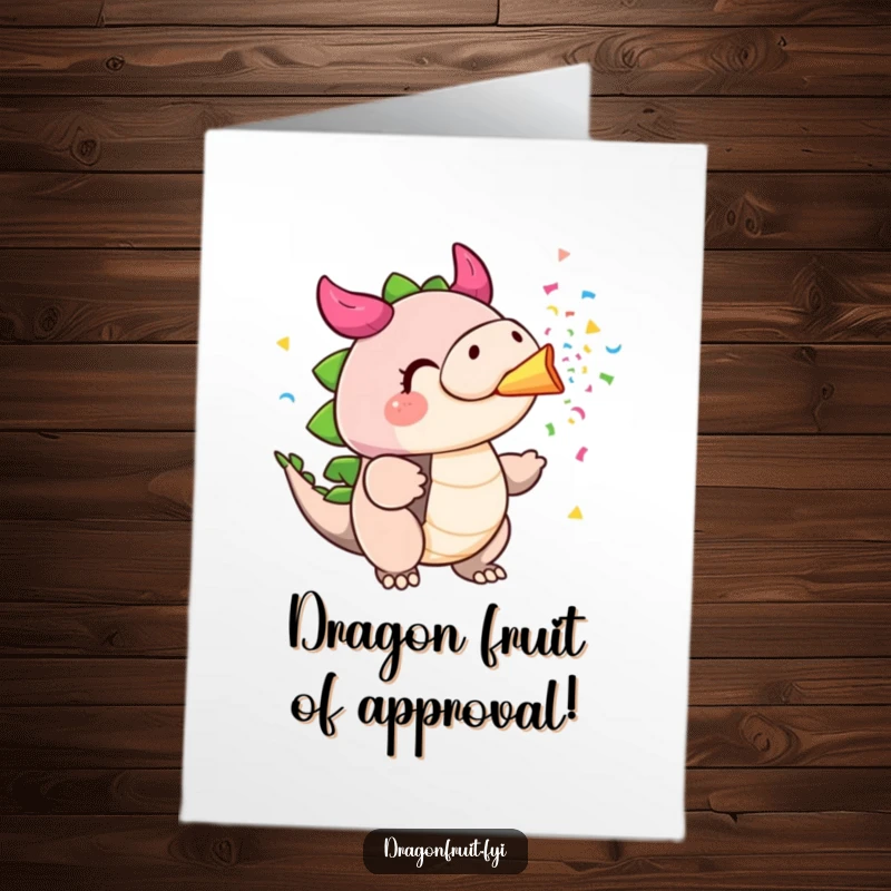 Funny Free Printable Dragonfruit Congrats Card: Cheerful, blowing confetti from stem, a festive celebration design.