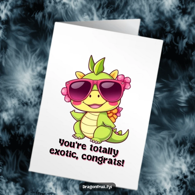 Funny Free Printable Congratulations Card: A smiling dragonfruit in sunglasses and lei, celebrating a fabulous achievement.