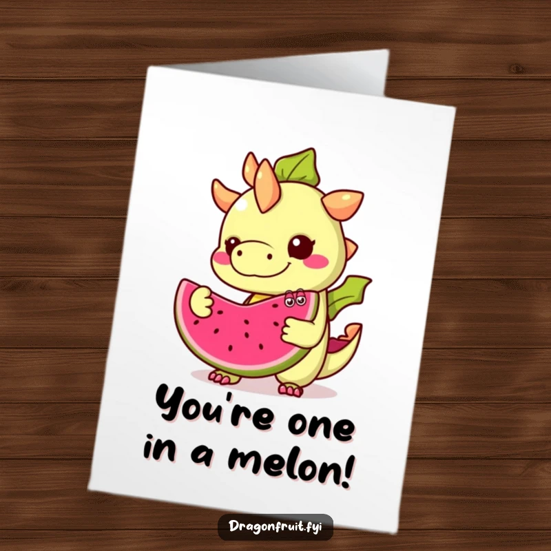 Funny Free Printable Congratulations Card: A dragonfruit with googly eyes offers a slice, celebrating their big win.