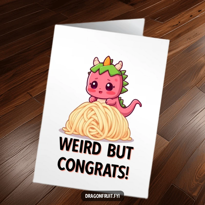 Funny Free Printable Congratulations Card: A startled dragonfruit character tumbles over a huge noodle, ideal for unexpected triumphs.