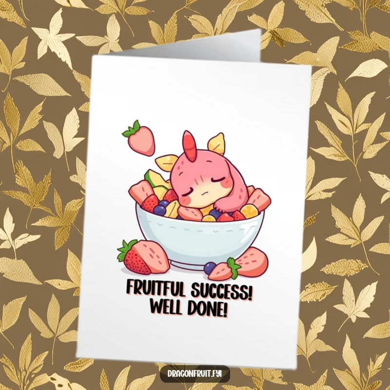 Funny Free Printable Congratulations Card: Sleepy dragonfruit character snoozing in a fruit salad bowl, a restful DIY gift.