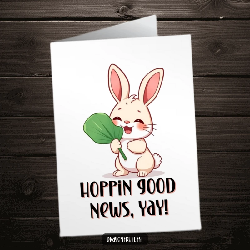 Funny Free Printable Congrats Card with a giggling bunny enthusiastically fanning itself with a large leaf, celebrating wins with humor.