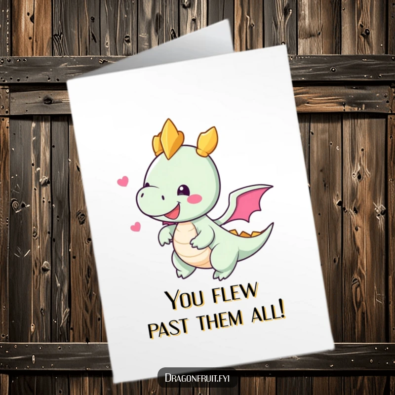 Free Printable Congratulations Card depicting a joyful dragonfruit character with tiny wings attempting to fly, celebrating a momentous achievement.